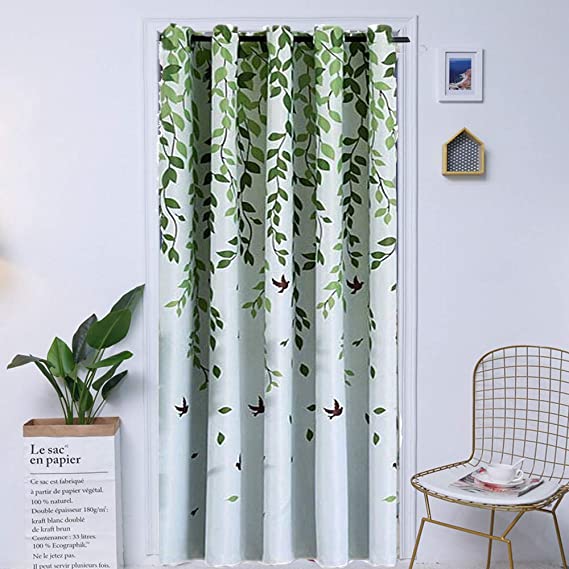 pureaqu Thermal Insulated Grommet Curtain 79 Inches Long for Bedroom Fitting Room Green Leaves Print Room Divider Curtain Drapes for Doorway Window Decoration 1 Panel W39 x L79 Inch