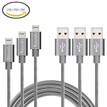 iRoundy 3Pack 3FT 6FT 10FT 3IN1 Extra Long Nylon Braided 8Pin to USB Charging Cable Cord with Aluminum Heads for iPhone 6/6s/6 Plus/5/5c/5s, iPad 4 Mini Air iPod Nano 7 iPod Touch 5