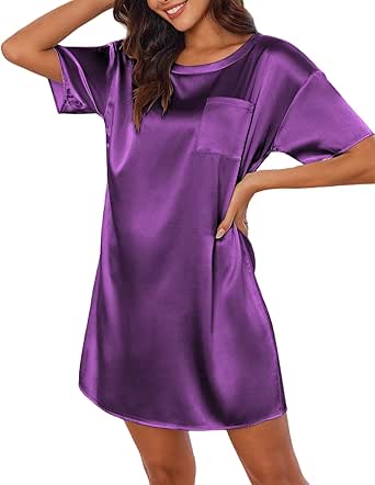 Ekouaer Silk Sleep Shirts for Women Satin Nightshirt Tshirt Nightgown Sleepwear Shirt Dress With Chest Pocket S-2XL