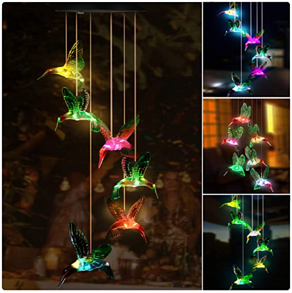 Kohree Solar Hummingbird Wind Chime, LED Color Changing Hummingbird Solar Lights Outdoor Hanging Solar Powered Wind Chimes Waterproof for Yard, Night Garden, Party, Valentines Gift, Festival Decor