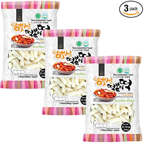 Korean Rice Cake Tteokbokki Stick – 3 Pack (3 Individual Package X 3 Pack) Vegan, Non-GMO, Gluten Free, Halal,Tteok Rice Cakes Food Pasta 떡볶이 21.16 oz Per Pack