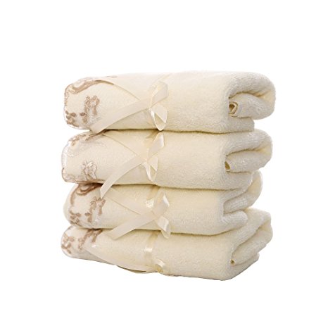 Cotton Hand Towels Decorative Towels - GreForest Beige Lace Towels Embroidered Hand Towel Set (4 Pack, 29x13 in) Best For Hand, Face, Bath, Spa, Guest Bathroom with Gorgeous Lace Trim, Soft Fine Terry