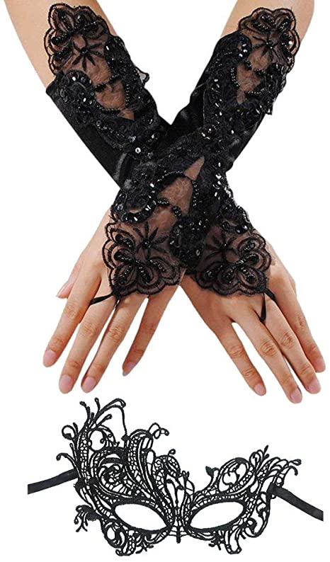 CSPRING Black Lace Masquerade Fingerless Pearls Satin Embroidered Bridal Gloves with Phoenix Lace Mask for Wedding Banquet Party Costume