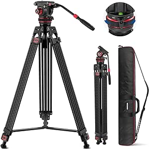 NEEWER 78" Pro Video Tripod Carbon Fiber with Fluid Head Adjustable 360° Pan & 145° Tilt Damping, DSLR Camera Tripod Heavy Duty QR Plate Compatible with DJI Gimbals Manfrotto, Max Load 22lb, TP76