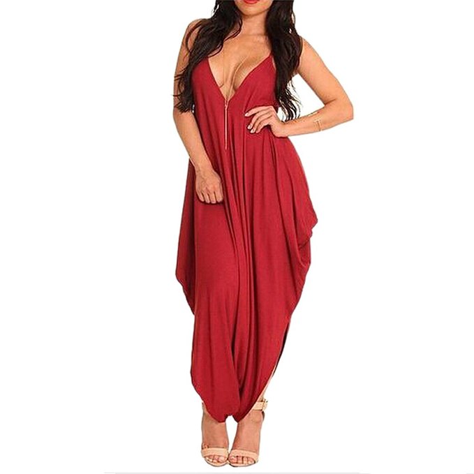 Red Spaghetti Strap Deep V Backless Sleeveless Casual Loose Rompers Jumpsuit