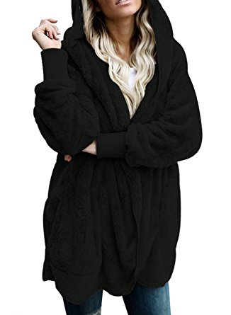 Dokotoo Womens Fuzzy Open Front Hooded Cardigan Jacket Coat Outwear with Pocket