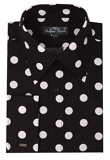 Fortino Landi Men's 100% Cotton Big Polka Dot Design Spread Collar Dress Shirt