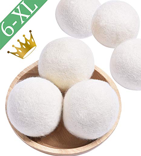 Wool Dryer Balls Organic, 6 Pack XL Natural Fabric Softener 100% New Zealand Wool, Chemical Free Eco Wool Dryer Balls Laundry, Handmade Reusable Balls Reduce Wrinkles & Shorten Drying Time