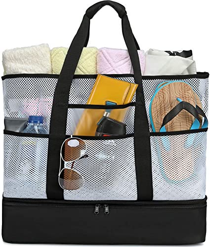 BLUBOON Mesh Beach Tote Bag with Detachable Cooler for Family Pool Oversized 22 inches Grocery Shopping Bag Insulated Picnic Cooler (A-Black)