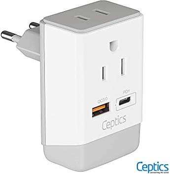 European Travel Plug Adapter with QC 3.0 & PD by Ceptics, Safe Dual USB & USB-C - 2 USA Socket - Compact & Powerful - Use in Greece Italy Switzerland Turkey Portugal - Type C AP-9C - Fast Charging