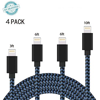 iPhone Cable - 4Pack 3FT 6FT 6FT 10FT, DANTENG Extra Long Charging Cord - Nylon Braided 8 Pin to USB Lightning Charger for iPhone 7,SE,5,5s,6,6s,6 Plus,iPad Air,Mini,iPod(Black Blue)