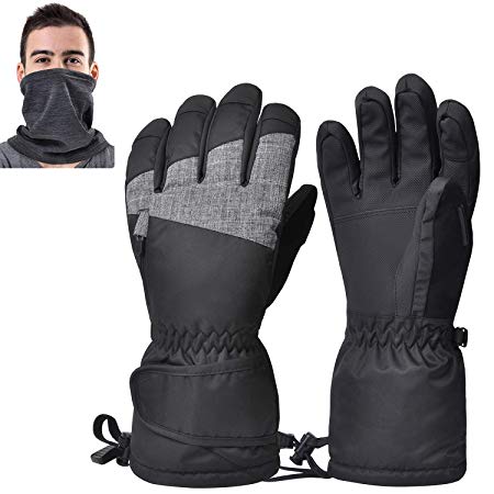 Waterproof Ski Gloves for Men Women, Winter Warm Cozy 3M Thinsulate Snowboard Gloves with Breathable Neck Warmer for Skiing, Snowboarding, Shoveling & Outdoor Sports, with Pocket & Wrist Leashes