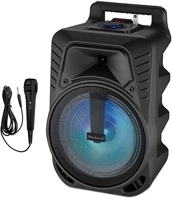 Studio Z STZP-1000 10 Inch 100 Watt MAX Portable Rechargeable Speaker Woofer Entertainment System with USB Music Stream and Handheld Wired Microphone