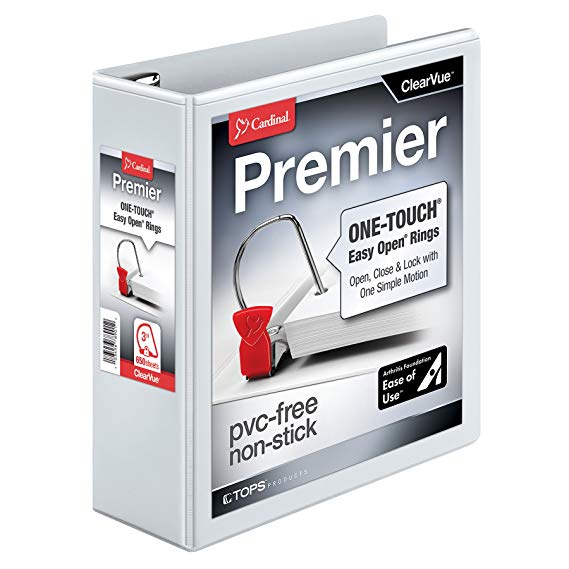 Cardinal Premier Easy Open 3-Ring Binder, 3", ONE-TOUCH Easy Open Locking Slant-D Rings, 650-Sheet Capacity, ClearVue Cover, PVC-Free, White (10330)