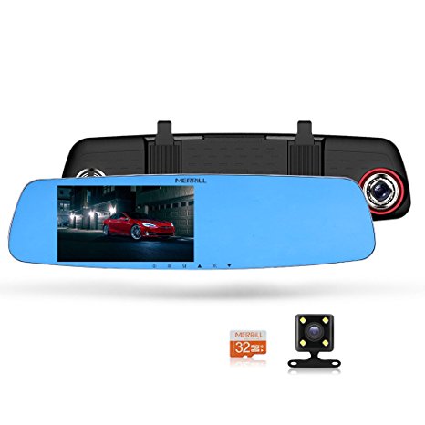 MERRILL Rear View Mirror Dash Cam 5.0" LCD 1080p 170° Wide Angle Dual Cameras with G-sensor, Parking Monitor, Night Vision, 16GB SD Card