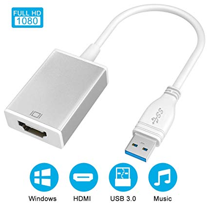 USB to HDMI Adapter, HD Audio Video Cable Converter, USB 3.0/2.0 to HDMI for Multiple Monitors 1080P, Compatible with Windows XP/7/8/8.1/10 (Not Support Mac, Linux, Vista, Chrome) (Silver)