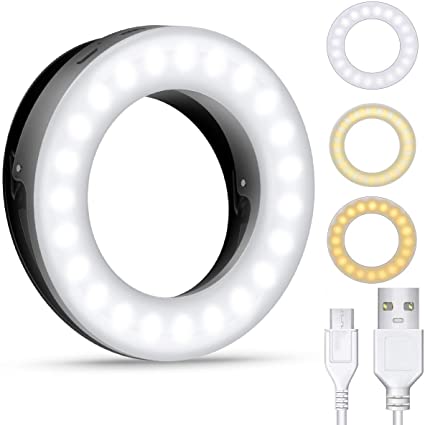 (2020 Upgraded New Version) Selfie Ring Light, 3 Lighting Modes Rechargeable Clip on Selfie Fill Light, Adjustable Brightness Phone Camera Circle Light for iPhone X Xr XsMax 11 Pro Android iPad(Black)