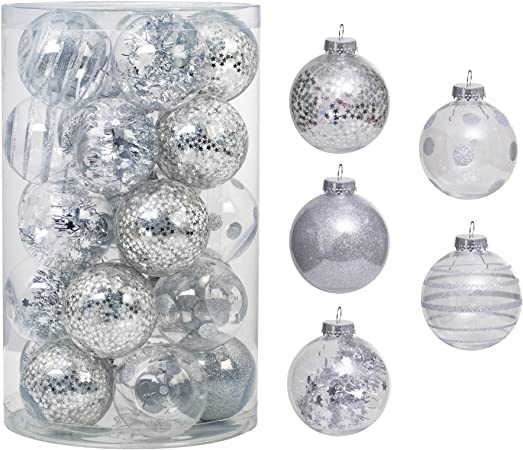 25PCS-2.63(67MM) Christmas PET Ball Ornaments Set,Clear Plastic Shatterproof Xmas Tree Ball,Hanging Christmas Home Decorations for Holiday Wedding Xmas Party Decoration (Silver)