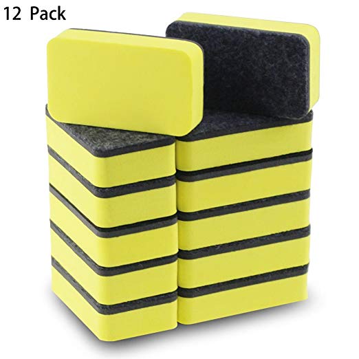 12 Pack of Magnetic Whiteboard Eraser,Bright Yellow Dry Erasers for Cleaning Dry Erase Pens and Markers off White Boards for Classroom,School,Office,Home and Kids,2 4/5 x 1 3/5 Inches