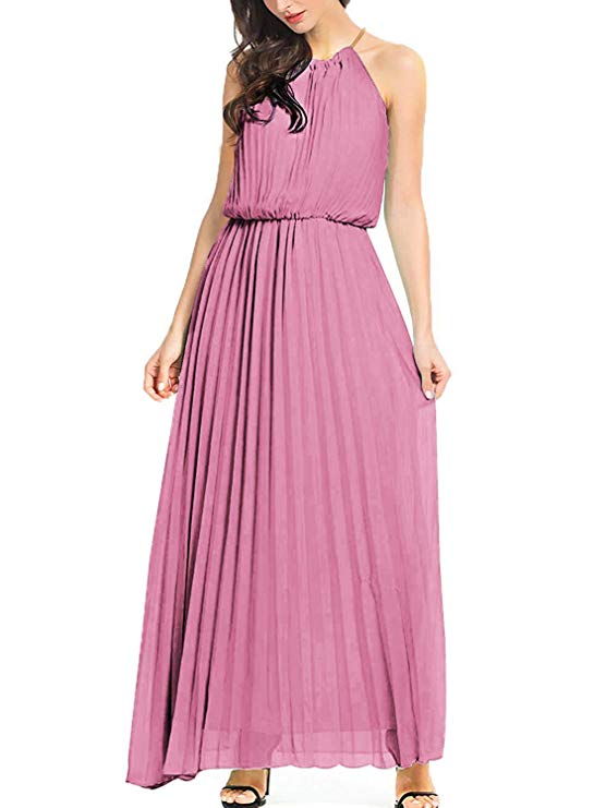 PERSUN Women's Casual Chiffon Cut Out Shoulder Pleated Party Maxi Dress
