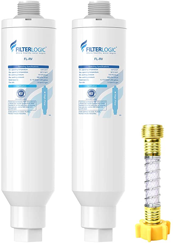 FilterLogic RV Inline Water Filter, NSF Certified, Reduces Lead, Fluoride, Chlorine, Bad Taste&Odor, Dedicated for RVs, 2 Pack Drinking Filter with 1 Flexible Hose Protector