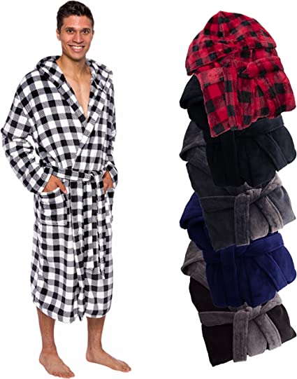 Ross Michaels Buffalo Plaid Hooded Bathrobe - Men's Mid Length Luxury Plush Robe