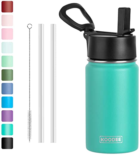 Koodee 12 oz Stainless Steel Water Bottle for Kids Double Wall Vacuum Insulated Wide Mouth Flask with Wide Handle Straw Lid (Teal)