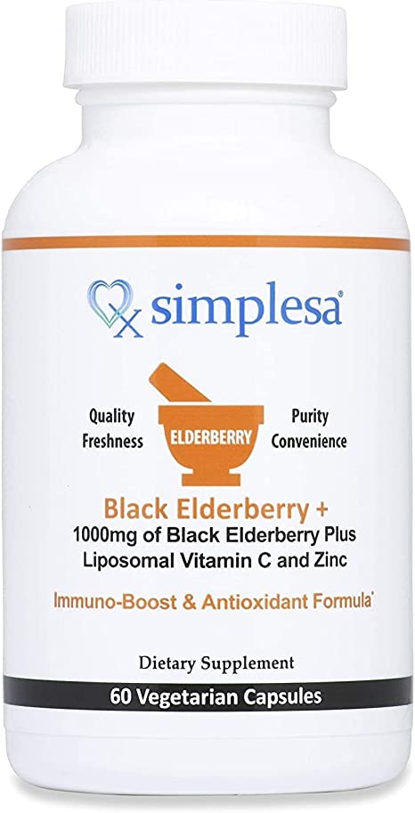 Simplesa Black Elderberry with Zinc and Vitamin C for Adults, 60 Vegan Capsules Herbal Supplements, Organic Sambucus Elderberry 1000mg, Help Promote Immune and Antioxidant Support, Made in USA