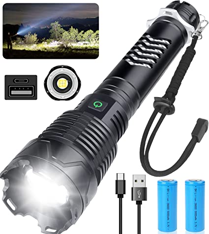 Rechargeable LED Flashlights High Lumens, 120000 Lumen Super Bright Powerful Tactical Flashlight, Type-C Fast Charge, 5 Light Modes, Zoomable, IPX6 Waterproof for Outdoor Camping Emergencies