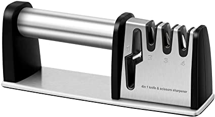 Knife Sharpener, 4 in 1 Kitchen Blade and Scissor Sharpening Tool, Professional Chef's Kitchen Knife Accessories (Silver)