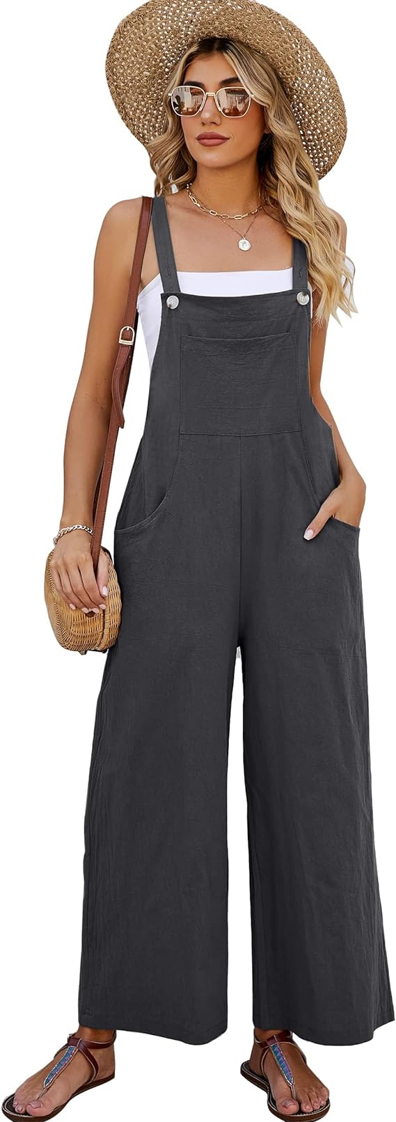 COZYPOIN Women's Cotton Bib Overalls Wide Leg Loose Fit Jumpsuit Baggy Fashion Sleeveless Rompers