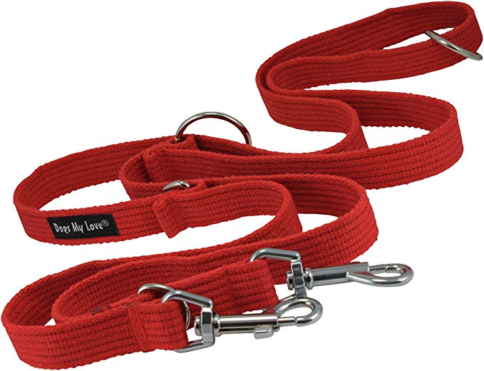 Dogs My Love 1" Wide Cotton Web 6-Way European Multi-Functional Dog Leash, Adjustable Lead 45"-78" Long, Large