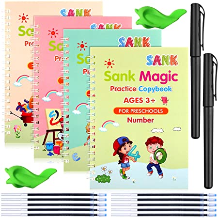 4 Pieces English Calligraphy Copybook Reusable Handwriting Practice Copybook with Pens Stationery Set Alphabet, Math, Number, Drawing Writing Practice Workbook for Children Kids