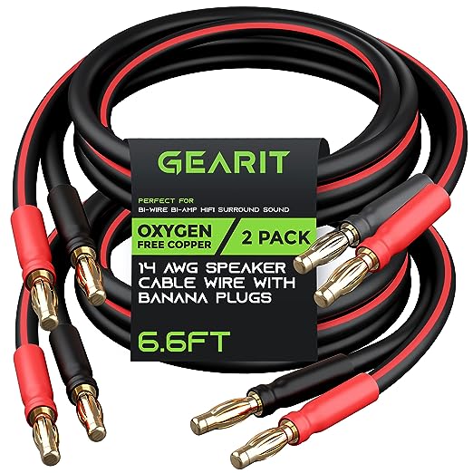 GearIT 14 AWG Speaker Cable Wire with Banana Plugs (2 Pack, 6.6 Feet - 2 Meter) 14Ga Gauge Banana Wire for Bi-Wire Bi-Amp HiFi Surround Sound - 99.9% OFC Copper, Gold Plated Tips - Black, 6 Ft
