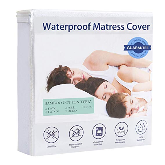 Sue&Joe Premium Bamboo Mattress Protector 100% Waterproof Hypoallergenic Super Soft Quiet Mattress Cover (Twin Size)
