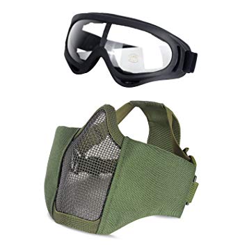 Unigear Airsoft Half Face Masks Steel Mesh Mask with Goggles Set For Hunting, Paintball, Shooting