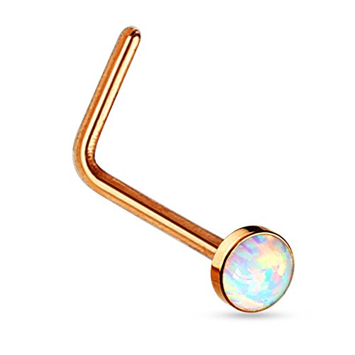 20G White Opal Set Flat Top PVD Over 316L Surgical Steel L bend Nose Stud Rings - CHOOSE FROM 4 COLORS!