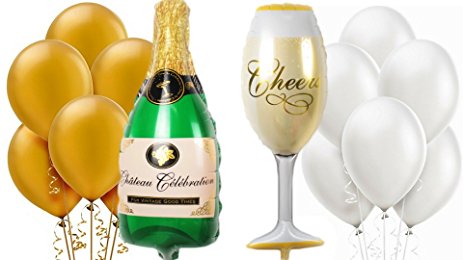 Giant 39" Champagne Bottle Wine Glass Mylar Balloons Gold White 12" Latex Pearl Party Decoration Kit Proposal Vow Renewal Valentine's Day Bridal Shower Wedding Bachelorette Celebration Anniversary