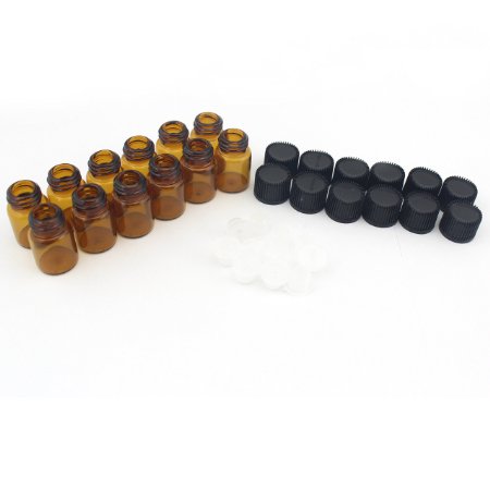 Shimie Amber Glass Essential Oil Bottle , 5/8 Dram (2ml) with Orafice Reducers and Black Stripe Cap ,12 Pack