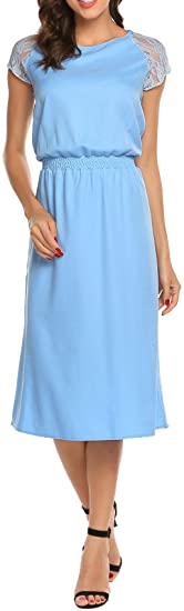 ACEVOG Women's Midi Dress Long/Short Sleeve Mock Neck See Through Lace Cocktail Party Dress