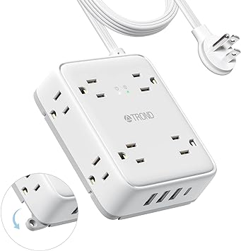 TROND Ultra Flat Plug Power Bar USB C, 10ft Long Flat Extension Cord Indoor, Surge Protector Power Strip, 8 Outlet Extenders 4 USB Ports, Wall Mount, Home Office Supplies, Dorm Room Travel Essentials