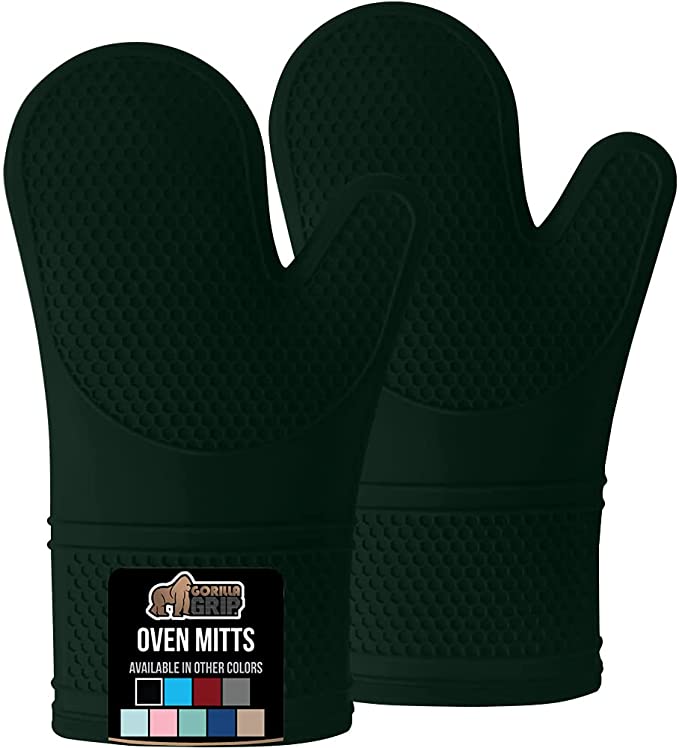 Gorilla Grip Heat Resistant Silicone Oven Mitts Set, Soft Quilted Lining, Extra Long, Waterproof Flexible Gloves for Cooking and BBQ, Kitchen Mitt Potholders, Easy Clean, Set of 2, Hunter Green