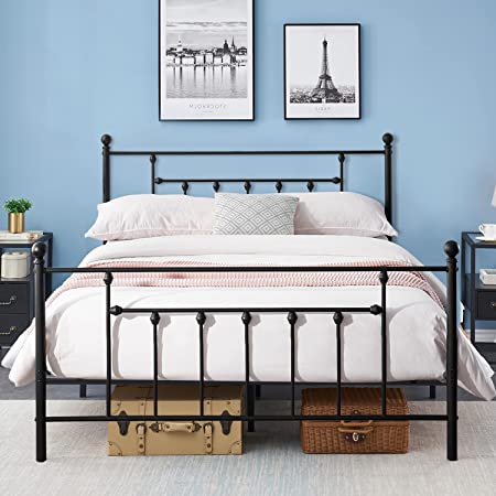 VECELO Queen Size Metal Platform Bed Frame with Headboard and Footboard, Heavy Duty Slat Support / No Box Spring Needed Mattress Foundation/ Underbed Storage Space, Victorian Style, Black