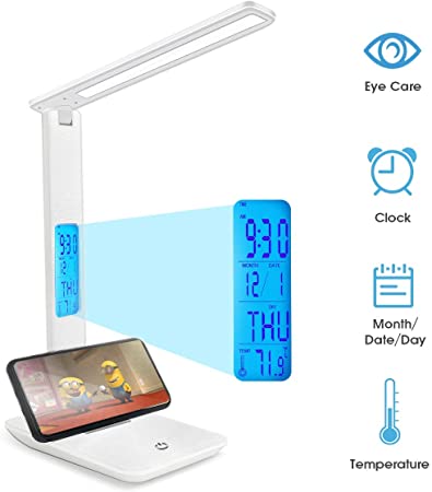 Desk Lamp, Wireless ​LED Desk Lamp​ with Smart Features (Clock, Alarm, Date, Temperature) - Adjustable, Foldable ​Table Lamp, 3 Levels of Dimmable ​Lighting​, Suitable for ​Office​, ​Bedroom​, Study(TC25)