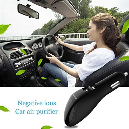 Car Air Purifier, JANBOTEK Ionic Air Cleaner Ionizer with 2 Smart USB Port Smart Car Charger - Removes Smoke, Bad Smell and Odors Eliminator (Black)
