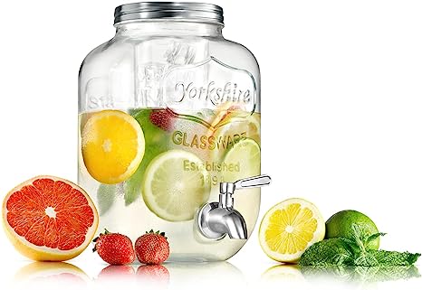 NutriChef 1-Gallon Glass Beverage Dispenser - Mason Jar Style Drink Container Jug w/Stainless Steel Spigot & Plastic Ice Infuser, Wide Mouth Easy Filling, 100% Leak-proof Lid, For Party or Daily Use