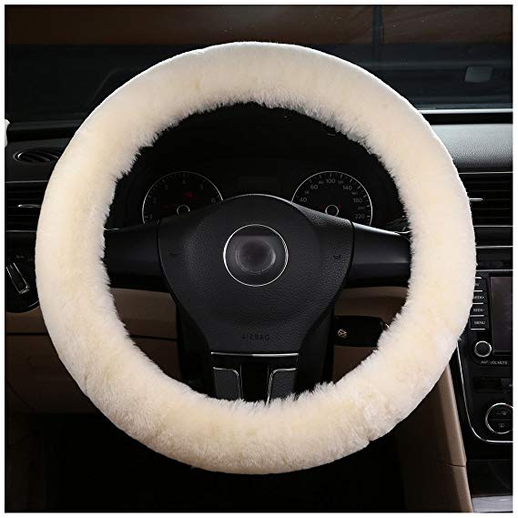 BELLESIE Universal Warm Winter Genuine Wool Sheepskin Car Steering Wheel Cover Cushion Protector for 35cm-43cm Steering Wheel in Diameter