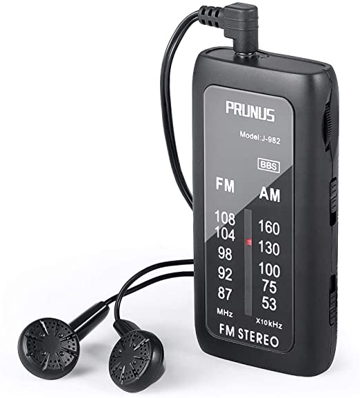 PRUNUS J-982 Portable Pocket Radio AM FM with Headphones, Mini Transistor Radio with Enhanced Bass, Operated by AAA Batteries for Walking,Jogging and Camping(Black)