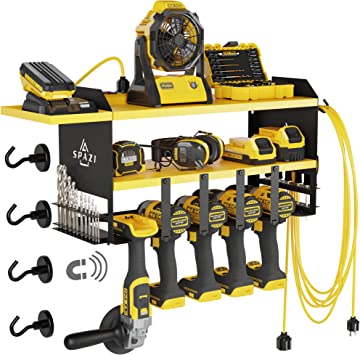 SPAZI Power Tool Organizer Wall Mount (25.5'' Lx9'' Wx12'' H) Storage Rack with Drill Holder, Tray, & 4 Magnetic Hooks - Steel Cordless -Garage w/ 2 Shelves, Black Yellow