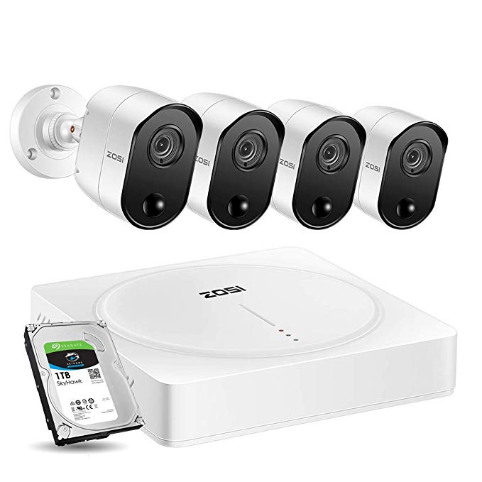 ZOSI 5.0MP 4CH Home Security Cameras System, H.265  Surveillance 4 Channel DVR with (4) x 5MP Pir Motion Sensor Day & Night Vision Security Cameras with 1TB Hard Drive